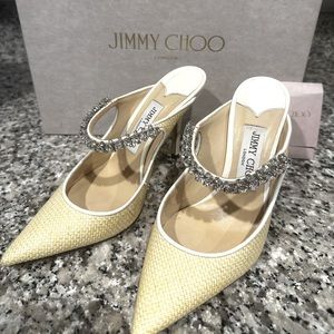 Jimmy Choo BING 100 raffia/leather w/ crystal strap heels